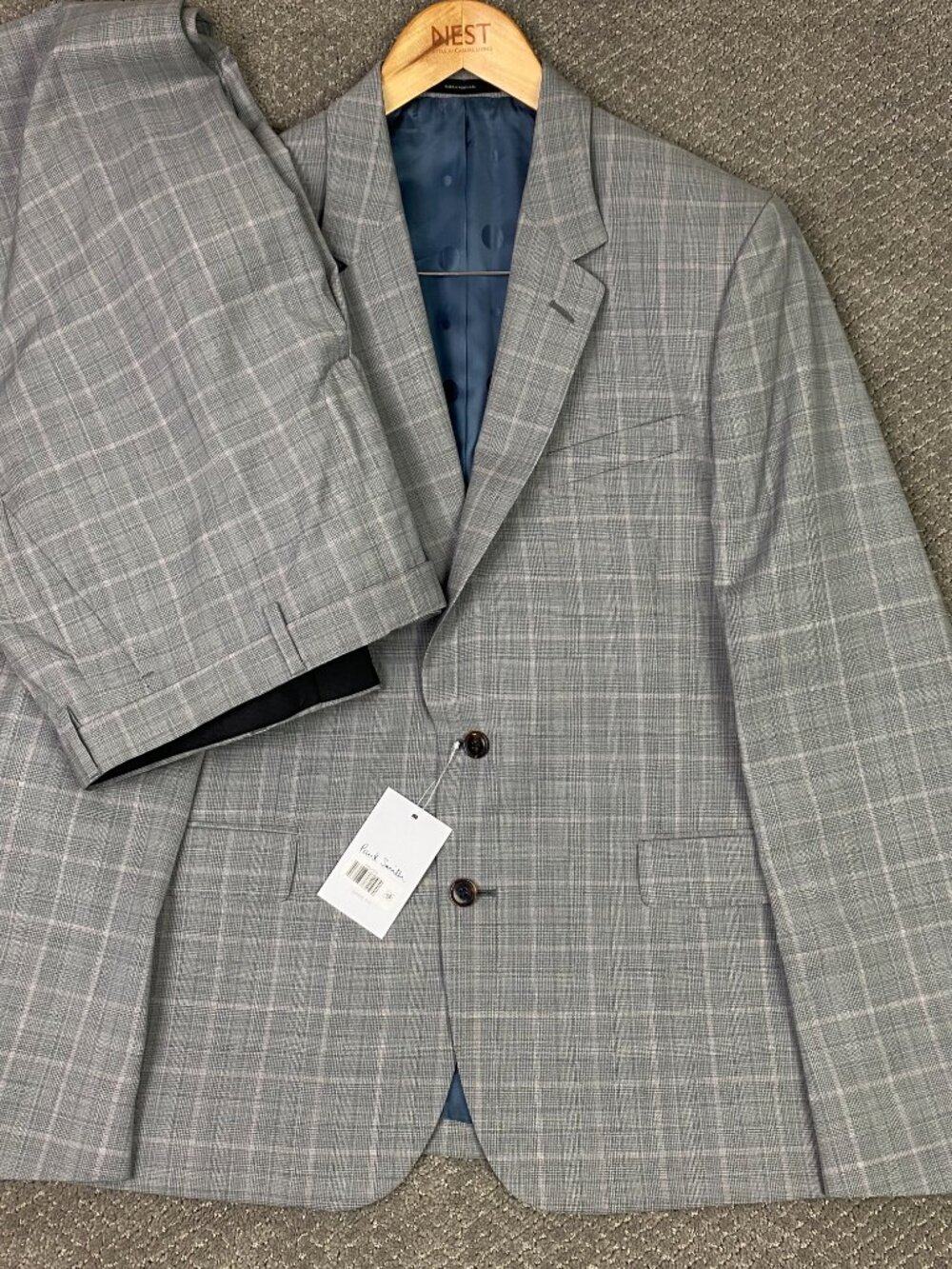Paul Smith Soho Fit Suit 44R Pants 38 Gray Check Plaid Windowpane Wool NEW